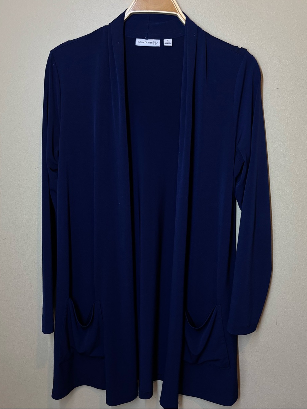 Susan Graver Essentials Open Front Long Cardigan, navy, small